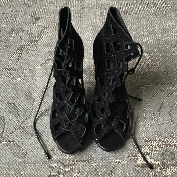 Joie Black Suede Studded Lattice Lace Up Sandals - Picture 3 of 6